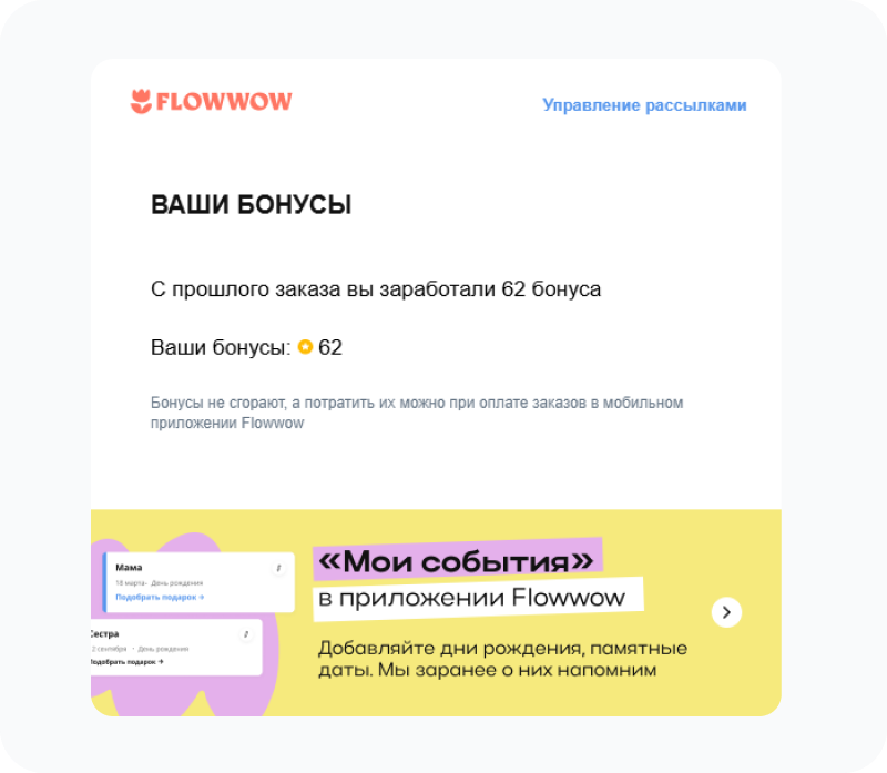 Пример автоматического письма о бонусах от Flowwow